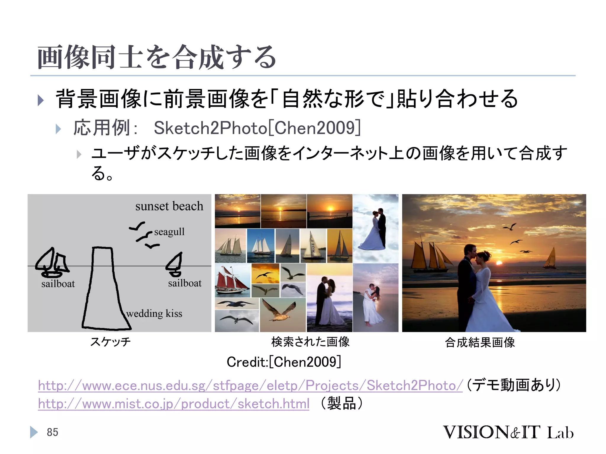 画像同士を合成する
85
 背景画像に前景画像を「自然な形で」貼り合わせる
 応用例： Sketch2Photo[Chen2009]
 ユーザがスケッチした画像をインターネット上の画像を用いて合成す
る。
http://www.ece.nus.edu.sg/stfpage/eletp/Projects/Sketch2Photo/ (デモ動画あり)
http://www.mist.co.jp/product/sketch.html （製品）
スケッチ 検索された画像 合成結果画像
Credit:[Chen2009]
 