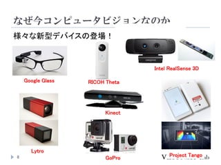 なぜ今コンピュータビジョンなのか
8
様々な新型デバイスの登場！
Project Tango
GoPro
Kinect
Lytro
Google Glass
Intel RealSense 3D
RICOH Theta
 