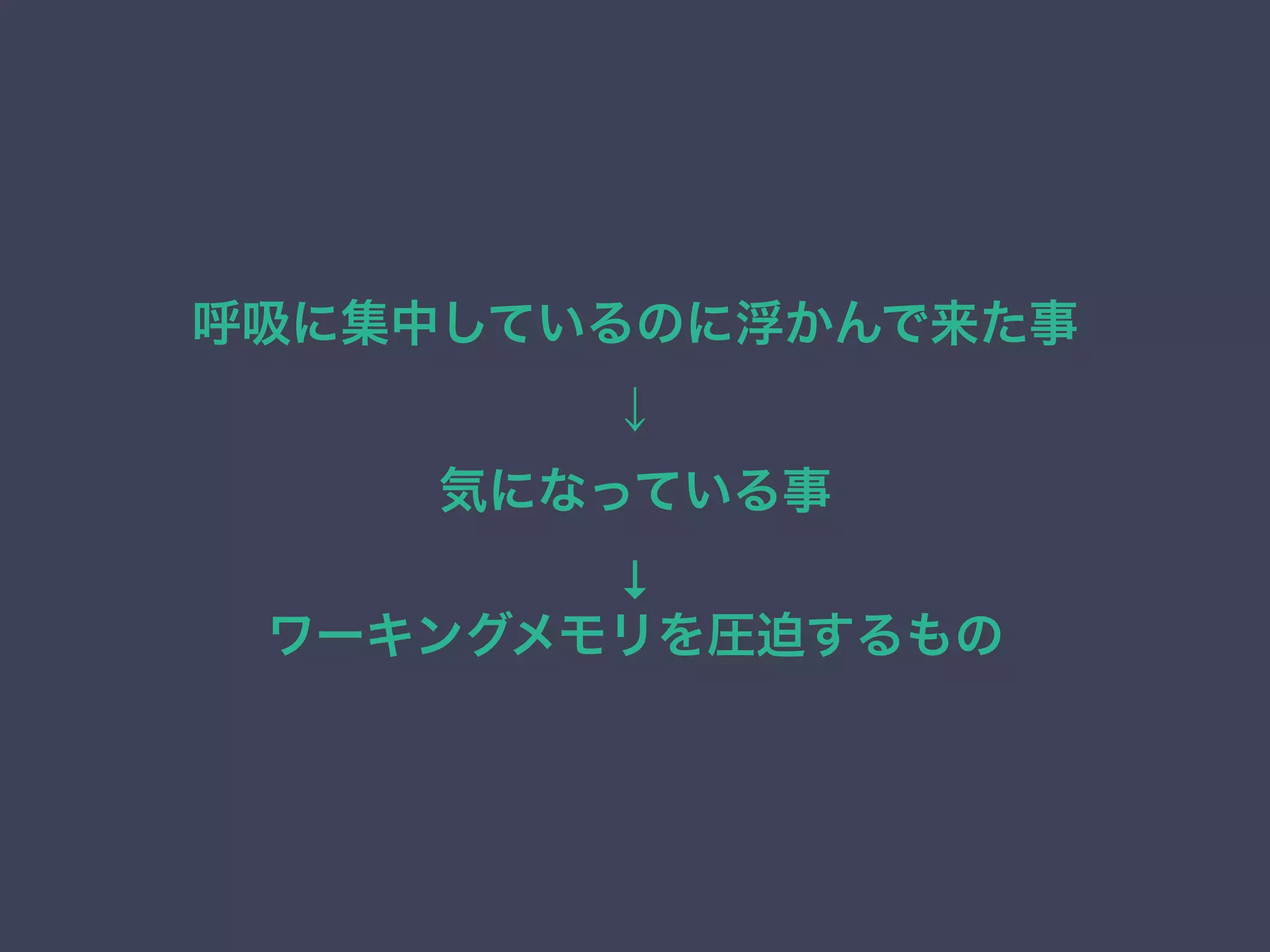呼吸に集中しているのに浮かんで来た事 
↓
気になっている事 
↓
ワーキングメモリを圧迫するもの
 