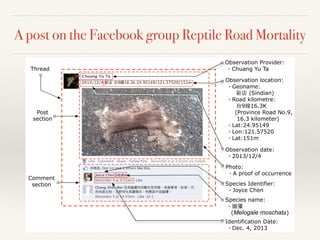 A post on the Facebook group Reptile Road Mortality
Observation Provider:
Chuang Yu Ta
Photo:
A proof of occurrence
Observation date:
2013/12/4
Species Identifier:
Joyce Chen
Species name:
(Melogale moschata)
Identification Date:
Dec. 4, 2013
Post
section
Comment
section
Thread
Observation location:
Geoname:
(Sindian)
Road kilometre:
9 16.3K
(Province Road No.9,
16.3 kilometer)
Lat:24.95149
Lon:121.57520
Lat:151m
 
