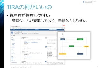 Copyright© Growth xPartners, Inc. All rights reserved.
JIRAの何がいいの
• 管理者が管理しやすい
–管理ツールが充実しており、手順化もしやすい
7
 