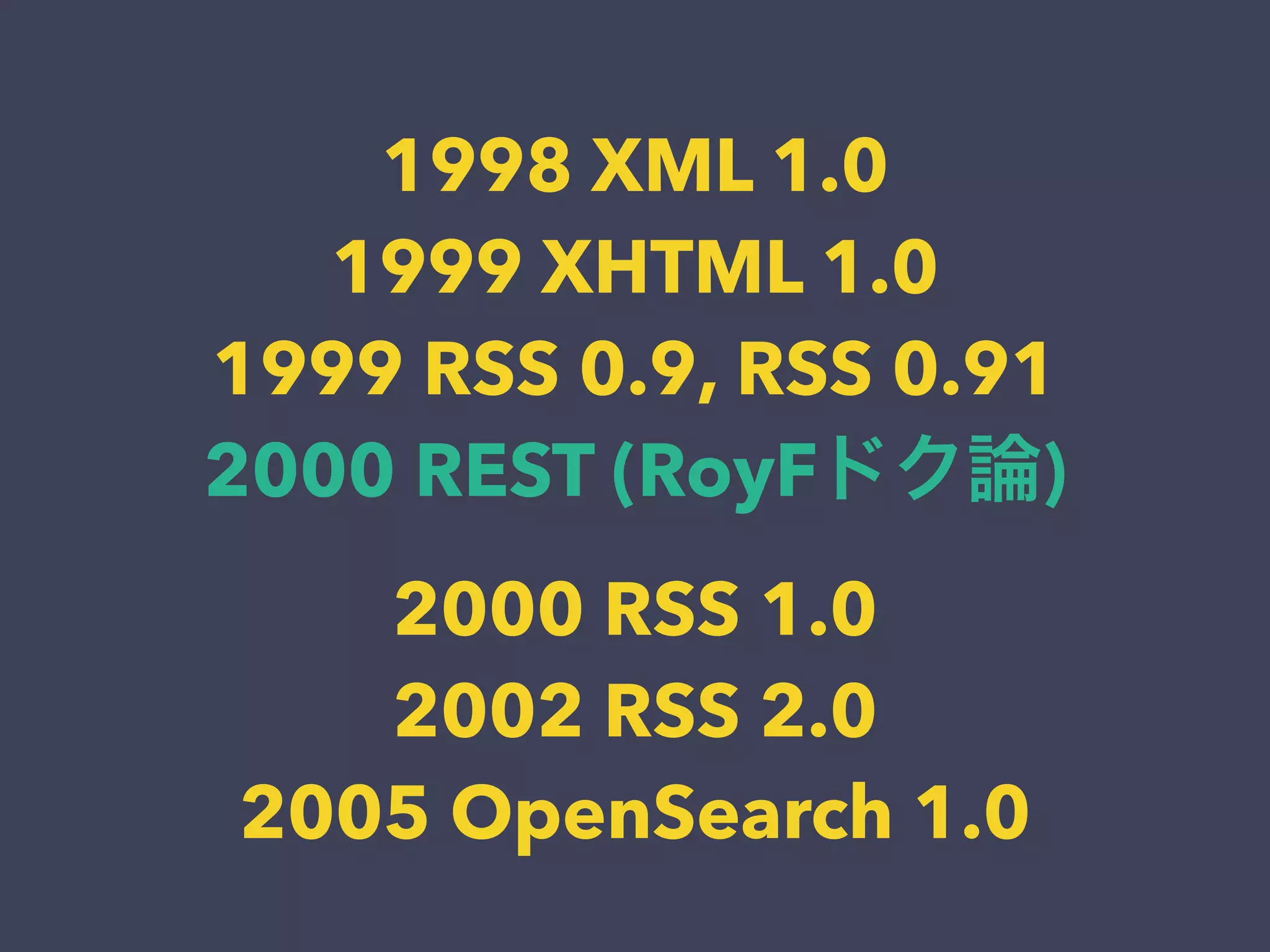 1998 XML 1.0
1999 XHTML 1.0
1999 RSS 0.9, RSS 0.91
2000 REST (RoyFドク論)
2000 RSS 1.0
2002 RSS 2.0
2005 OpenSearch 1.0
 