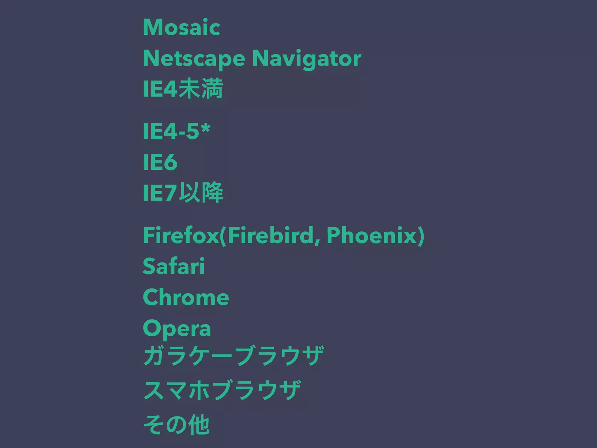 Mosaic
Netscape Navigator
IE4未満
IE4-5*
IE6
IE7以降
Firefox(Firebird, Phoenix)
Safari
Chrome
Opera
ガラケーブラウザ
スマホブラウザ
その他
 