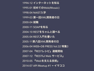 1994-12 インターネットを知る
1995-01 初めてのWeb(Mosaic)
1998-04 NAIST入学
1999-03 第一回XML開発者の日
2000-04 就職
2000-11 SOAPを知る
2004-10 RESTをちゃんと調べる
2005-04 REST入門を書いた
2005-11第八回XML開発者の日
2006-04 WEB+DB PRESS Vol.32 特集3
2007-04 『RESTレシピ』連載開始
2007-12 『RESTful Web サービス』
2010-05 『Webを支える技術』
2014-07 API Meetup #1 ←イマココ
 