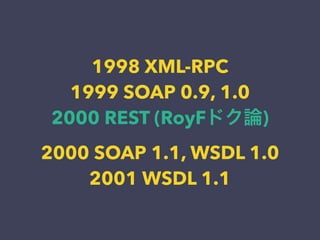 1998 XML-RPC
1999 SOAP 0.9, 1.0
2000 REST (RoyFドク論)
2000 SOAP 1.1, WSDL 1.0
2001 WSDL 1.1
 