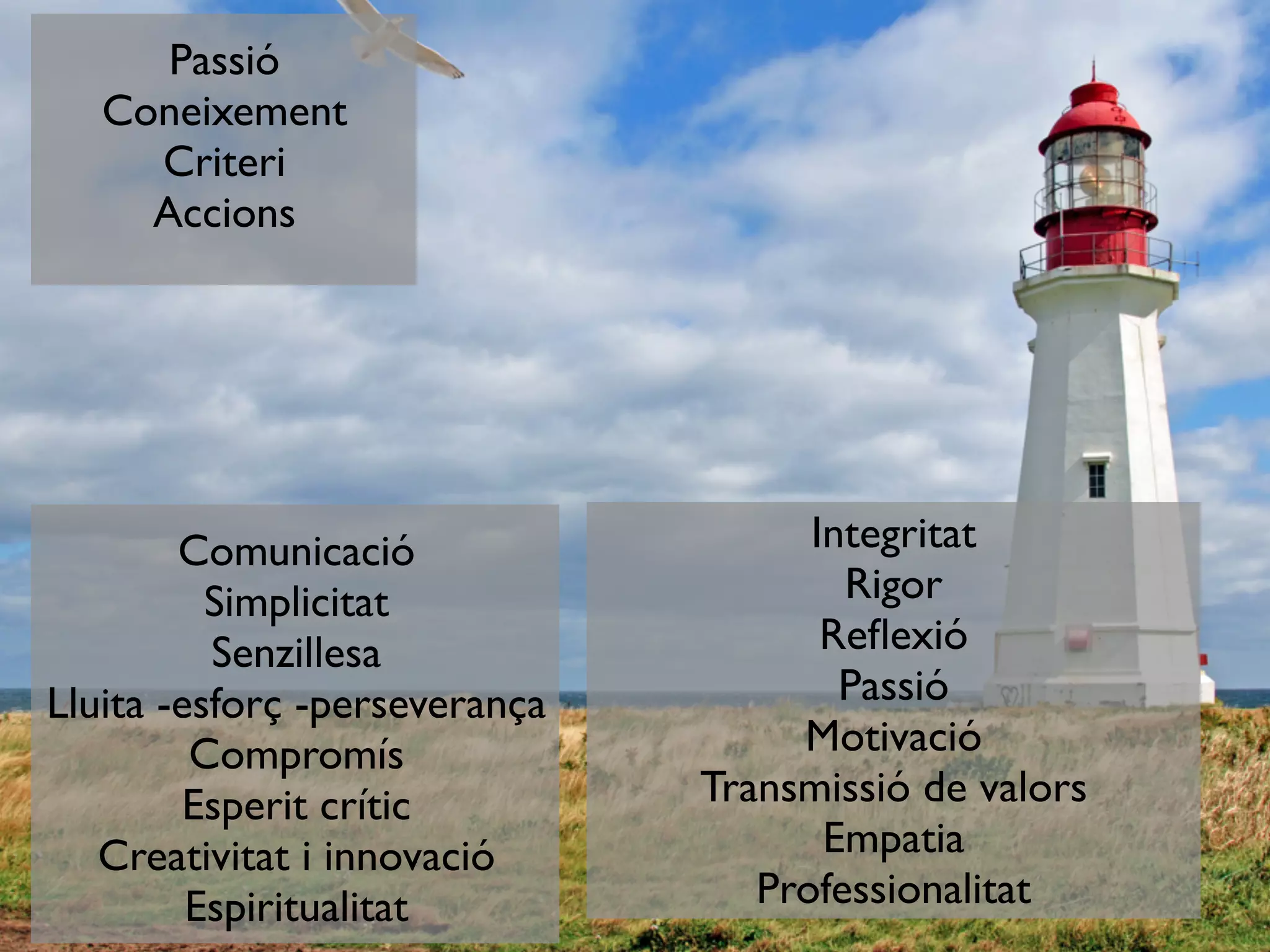 Passió
Coneixement
Criteri
Accions
Comunicació
Simplicitat
Senzillesa
Lluita -esforç -perseverança
Compromís
Esperit crític
Creativitat i innovació
Espiritualitat
Integritat
Rigor
Reﬂexió
Passió
Motivació
Transmissió de valors
Empatia
Professionalitat
 