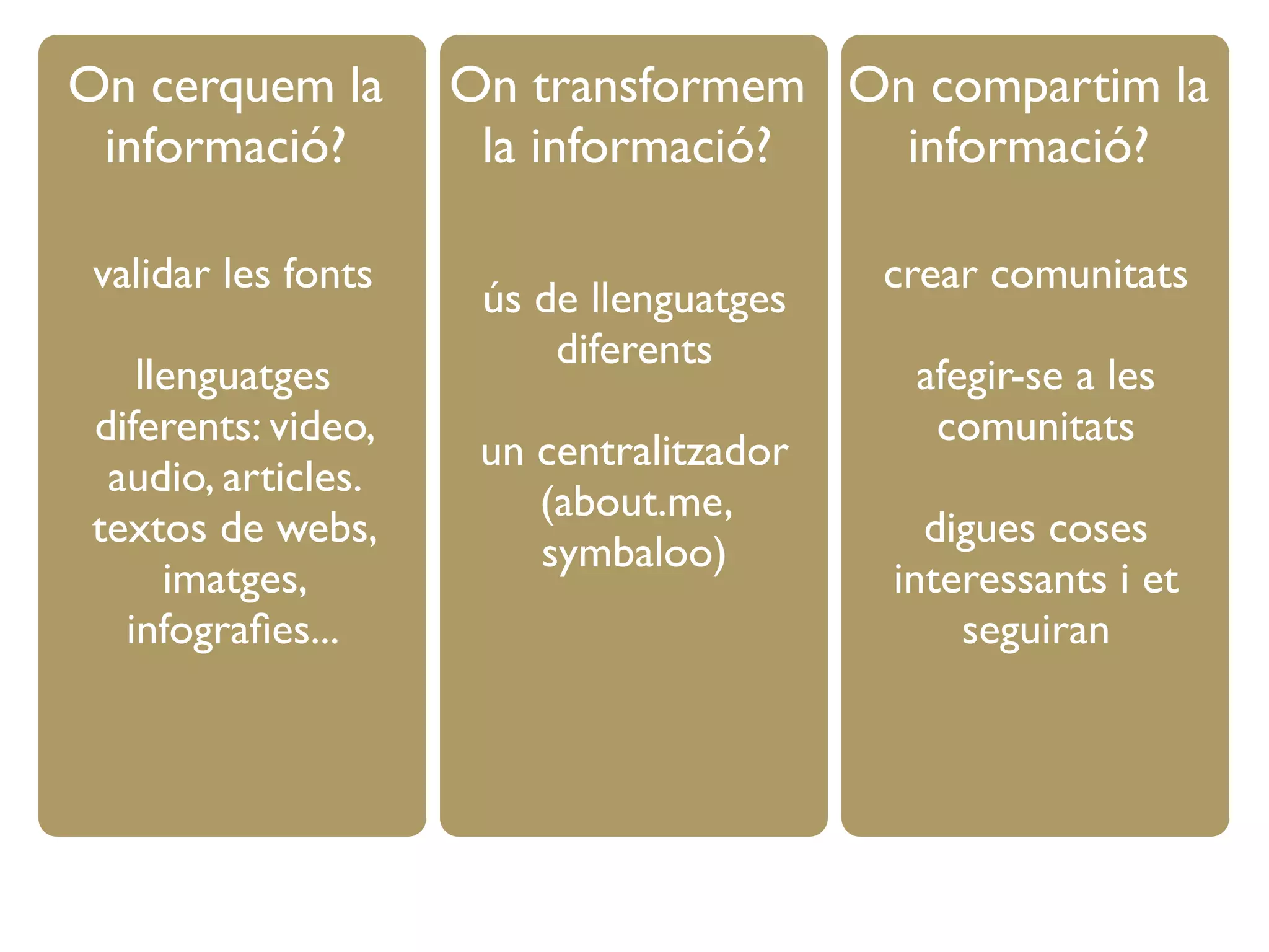 On cerquem la
informació?
On transformem
la informació?
On compartim la
informació?
validar les fonts
llenguatges
diferents: video,
audio, articles.
textos de webs,
imatges,
infograﬁes...
ús de llenguatges
diferents
un centralitzador
(about.me,
symbaloo)
crear comunitats
afegir-se a les
comunitats
digues coses
interessants i et
seguiran
 