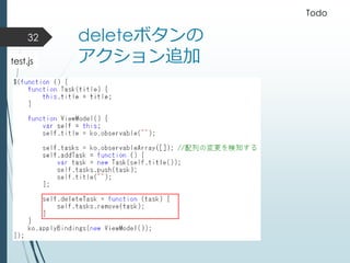 deleteボタンの
アクション追加
32
Todo
test.js
 