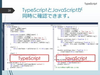 TypeScriptとJavaScriptが
同時に確認できます。
39
TypeScript JavaScript
TypeScript
 