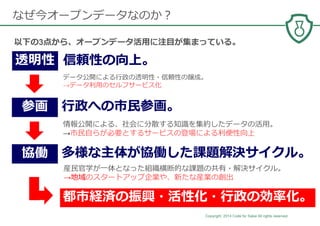 Copyright 2014 Code for Sakai All rights reserved. 11
なぜ今オープンデータなのか？
信頼性の向上。
⾏政への市⺠参画。
多様な主体が協働した課題解決サイクル。
以下の3点から、オープンデータ活⽤に注目が集まっている。
データ公開による⾏政の透明性・信頼性の醸成。
→データ利⽤のセルフサービス化
情報公開による、社会に分散する知識を集約したデータの活⽤。
→市⺠⾃らが必要とするサービスの登場による利便性向上
透明性
参画
協働
産⺠官学が⼀体となった組織横断的な課題の共有・解決サイクル。
→地域のスタートアップ企業や、新たな産業の創出
都市経済の振興・活性化・⾏政の効率化。
 