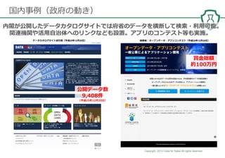 Copyright 2014 Code for Sakai All rights reserved. 16
国内事例（政府の動き）
データカタログサイト試⾏版（平成25年12月20日）
内閣が公開したデータカタログサイトでは府省のデータを横断して検索・利⽤可能。
関連機関や活⽤⾃治体へのリンクなども設置。アプリのコンテスト等も実施。
総務省：オープンデータ・アプリコンテスト（平成25年12月20日）
公開データ数
9,408件
（平成25年12月20日）
賞⾦総額
約100万円
 
