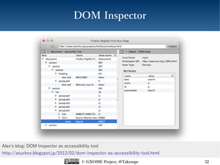 © GNOME Project, @Takenspc 52
DOM Inspector
Alex's blog: DOM Inspector as accessibility tool
http://asurkov.blogspot.jp/20...