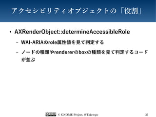 © GNOME Project, @Takenspc 35
アクセシビリティオブジェクトの「役割」
● AXRenderObject::determineAccessibleRole
– WAI-ARIAのrole属性値を見て判定する
– ノードの種類やrendererのboxの種類を見て判定するコード
が並ぶ
 