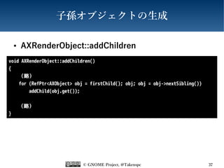 © GNOME Project, @Takenspc 37
子孫オブジェクトの生成
● AXRenderObject::addChildren
void AXRenderObject::addChildren()
{
（略）
for (RefPtr<AXObject> obj = firstChild(); obj; obj = obj->nextSibling())
addChild(obj.get());
（略）
}
 