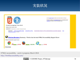 © GNOME Project, @Takenspc 46
実装状況
HTML5 accessibility - work in progress March 2014
http://html5accessibility.com/
 