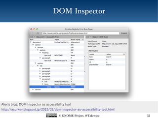© GNOME Project, @Takenspc 52
DOM Inspector
Alex's blog: DOM Inspector as accessibility tool
http://asurkov.blogspot.jp/2012/02/dom-inspector-as-accessibility-tool.html
 