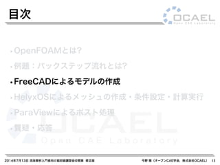 2014年7月13日 流体解析入門者向け超初級講習会@関東 修正版 今野 雅（オープンCAE学会，株式会社OCAEL）
•OpenFOAMとは?
•例題：バックステップ流れとは?
•FreeCADによるモデルの作成
•HelyxOSによるメッシュの作成・条件設定・計算実行
•ParaViewによるポスト処理
•質疑・応答
目次
13
 