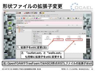 2014年7月13日 流体解析入門者向け超初級講習会@関東 修正版 今野 雅（オープンCAE学会，株式会社OCAEL） 42
形状ファイルの拡張子変更
1. 拡張子をstlに変更(注)
2. 「outlet.ast」と「walls.ast」
も同様に拡張子をstlに変更する
注) OpenFOAMやTreeFoamではASCII形式のSTLファイルの拡張子はstl
 