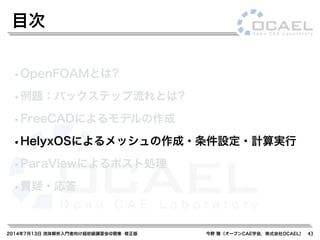 2014年7月13日 流体解析入門者向け超初級講習会@関東 修正版 今野 雅（オープンCAE学会，株式会社OCAEL）
•OpenFOAMとは?
•例題：バックステップ流れとは?
•FreeCADによるモデルの作成
•HelyxOSによるメッシュの作成・条件設定・計算実行
•ParaViewによるポスト処理
•質疑・応答
目次
43
 