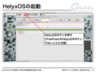 2014年7月13日 流体解析入門者向け超初級講習会@関東 修正版 今野 雅（オープンCAE学会，株式会社OCAEL） 44
HelyxOSの起動
HelyxOSボタンを押す
(TreeFoamのHelyxOSボタン
でないことに注意)
 
