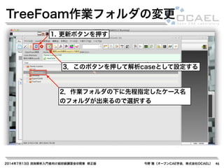 2014年7月13日 流体解析入門者向け超初級講習会@関東 修正版 今野 雅（オープンCAE学会，株式会社OCAEL） 46
TreeFoam作業フォルダの変更
1. 更新ボタンを押す
2．作業フォルダの下に先程指定したケース名
のフォルダが出来るので選択する
3．このボタンを押して解析caseとして設定する
 