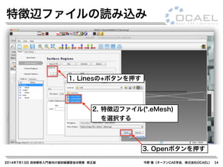 2014年7月13日 流体解析入門者向け超初級講習会@関東 修正版 今野 雅（オープンCAE学会，株式会社OCAEL） 54
特徴辺ファイルの読み込み
1. Linesの+ボタンを押す
2. 特徴辺ファイル(*.eMesh)
を選択する
3. Openボタンを押す
 
