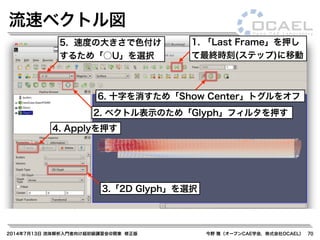 2014年7月13日 流体解析入門者向け超初級講習会@関東 修正版 今野 雅（オープンCAE学会，株式会社OCAEL） 70
流速ベクトル図
1. 「Last Frame」を押し
て最終時刻(ステップ)に移動
2. ベクトル表示のため「Glyph」フィルタを押す
3.「2D Glyph」を選択
4. Applyを押す
5. 速度の大きさで色付け
するため「○U」を選択
6. 十字を消すため「Show Center」トグルをオフ
 