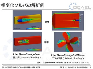 2014年7月13日 流体解析入門者向け超初級講習会@関東 修正版 今野 雅（オープンCAE学会，株式会社OCAEL） 8
相変化ソルバの解析例
出典：「OpenFOAMチュートリアルドキュメント作成プロジェクト」
interPhaseChangeFoam
弾丸周りのキャビテーション
interPhaseChangeDyMFoam
プロペラ周りのキャビテーション
速度
相率
 