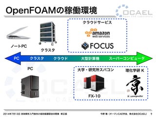 2014年7月13日 流体解析入門者向け超初級講習会@関東 修正版 今野 雅（オープンCAE学会，株式会社OCAEL） 9
OpenFOAMの稼働環境
大学・研究所スパコン
PC スーパーコンピュータクラスタ クラウド 大型計算機
理化学研 K
クラスタ
PC
ノートPC
クラウドサービス
FX-10
 