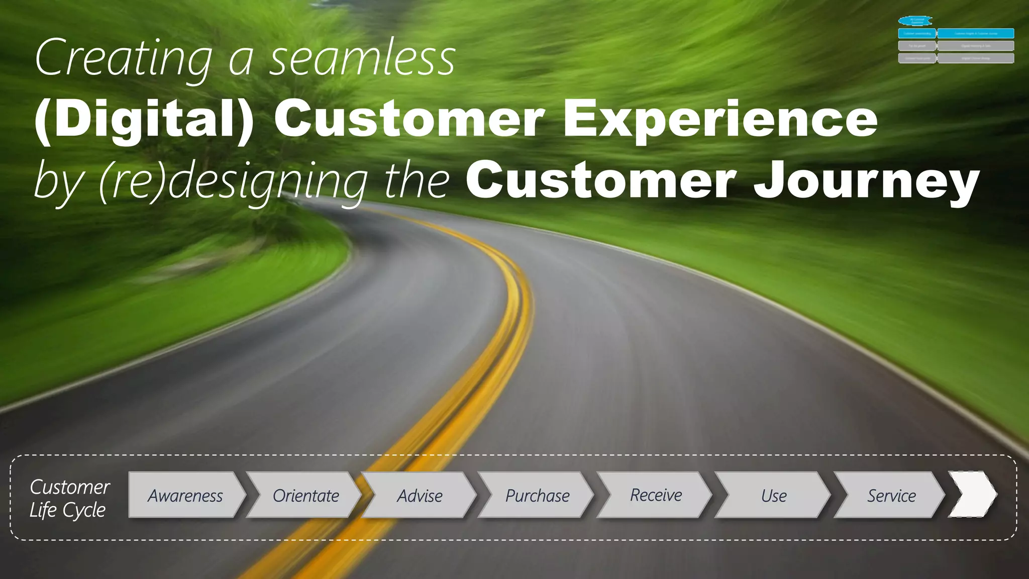 18	
  
Customer
Life Cycle
Awareness
 Orientate
 Purchase
 Receive
 Use
 Service
Advise
Creating a seamless 
(Digital) Customer Experience
by (re)designing the Customer Journey
 