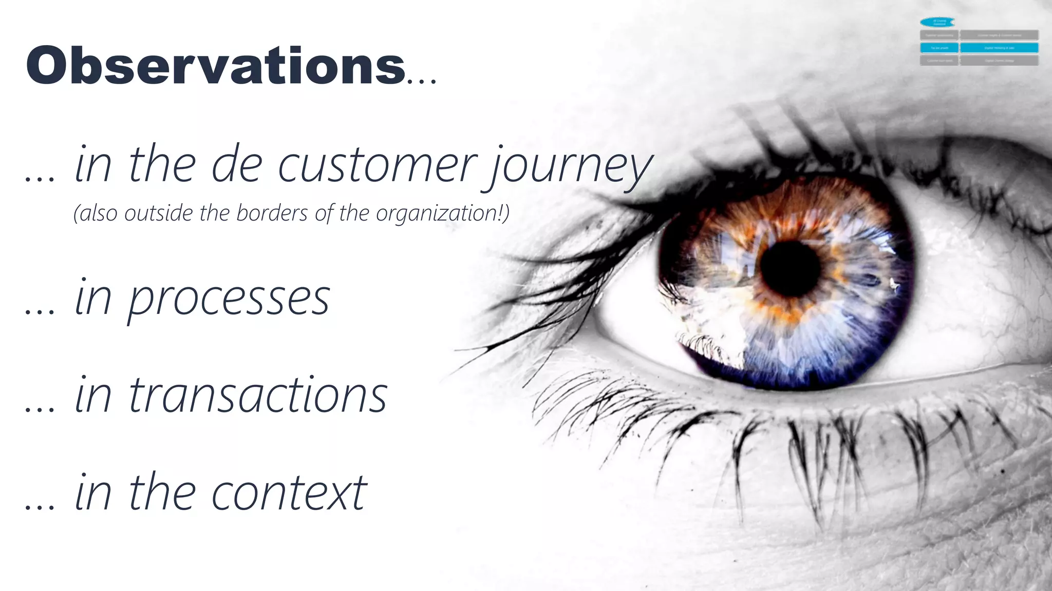 45	
  
Observations…
… in the de customer journey
(also outside the borders of the organization!)

… in processes

… in transactions

… in the context
 