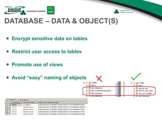 DATABASE – DATA & OBJECT(S)
Encrypt sensitive data on tables
Restrict user access to tables
Promote use of views
Avoid “easy” naming of objects
 