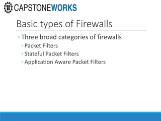 Basic types of Firewalls
◦Three broad categories of firewalls
◦ Packet Filters
◦ Stateful Packet Filters
◦ Application Aware Packet Filters
 