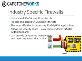 Industry Specific Firewalls
◦ Understand SCADA specific protocols
◦ Process and block SCADA specific threats
◦ The most effective in protecting SCADA/HMI applications
◦ Allows for security zones —as recommended in ISA/IEC
62443 standards
◦ Can provide Centralized management
and reporting across the facility
 