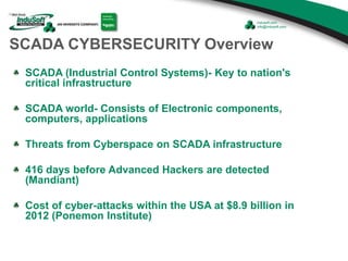 SCADA CYBERSECURITY Overview
SCADA (Industrial Control Systems)- Key to nation's
critical infrastructure
SCADA world- Consists of Electronic components,
computers, applications
Threats from Cyberspace on SCADA infrastructure
416 days before Advanced Hackers are detected
(Mandiant)
Cost of cyber-attacks within the USA at $8.9 billion in
2012 (Ponemon Institute)
 
