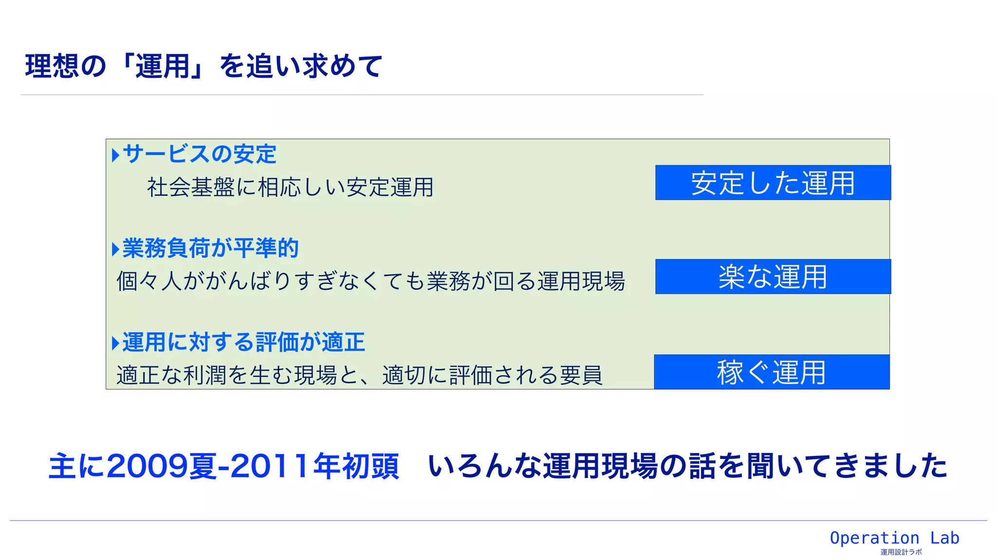 Operation Lab
運用設計ラボ
理想の「運用」を追い求めて
‣サービスの安定
社会基盤に相応しい安定運用
‣業務負荷が平準的
個々人ががんばりすぎなくても業務が回る運用現場
‣運用に対する評価が適正
適正な利潤を生む現場と、適切に評価される要員
安定した運用
楽な運用
稼ぐ運用
主に2009夏-2011年初頭 いろんな運用現場の話を聞いてきました
 