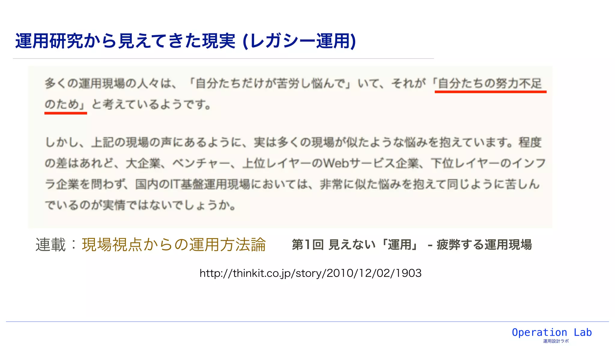 Operation Lab
運用設計ラボ
運用研究から見えてきた現実 (レガシー運用)
連載：現場視点からの運用方法論 第1回 見えない「運用」 - 疲弊する運用現場
http://thinkit.co.jp/story/2010/12/02/1903
 