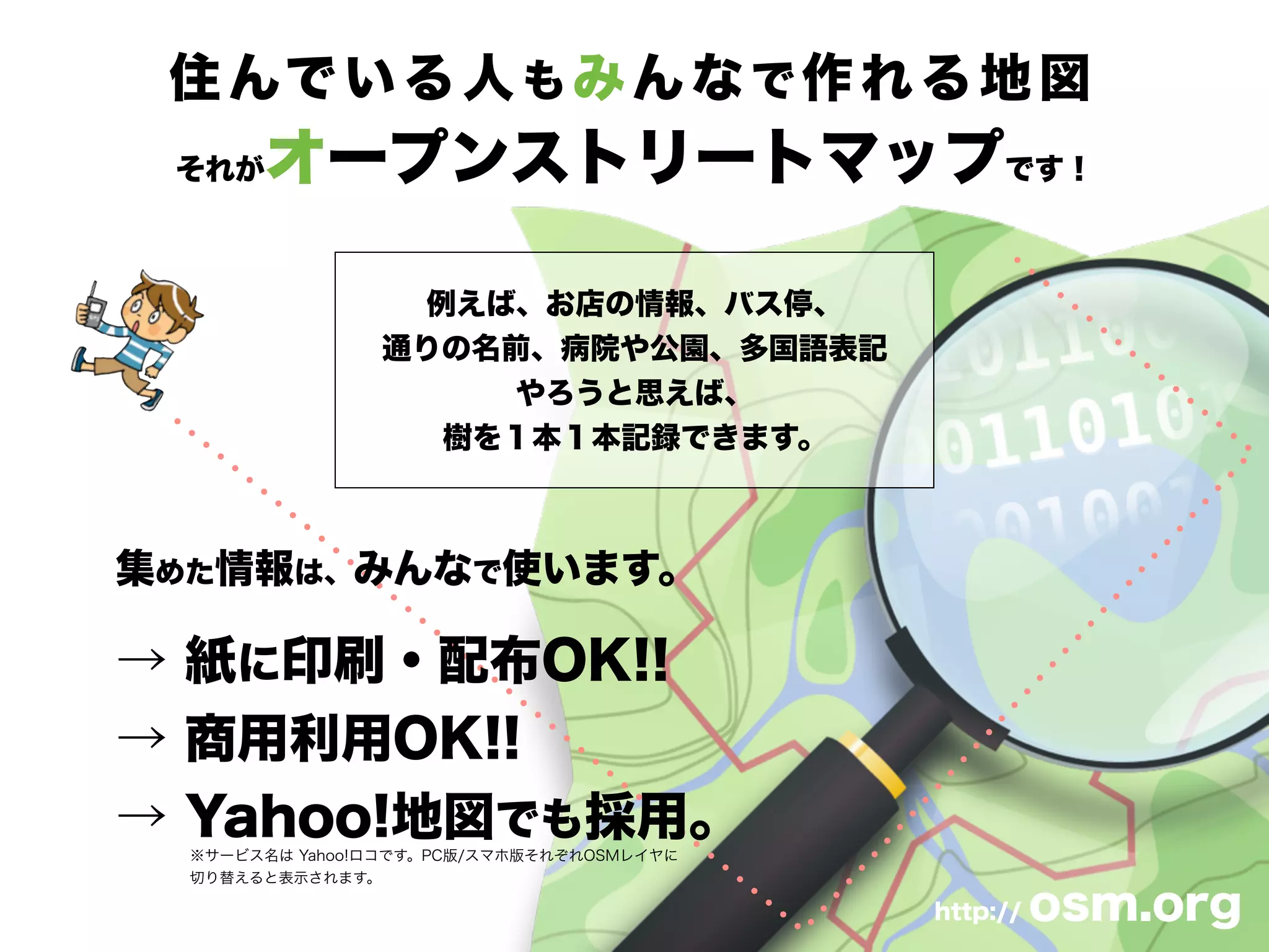 住んでいる人もみんなで作れる地図
それがオープンストリートマップです！
例えば、お店の情報、バス停、
通りの名前、病院や公園、多国語表記
やろうと思えば、
樹を１本１本記録できます。
http:// osm.org
集めた情報は、みんなで使います。
→ 紙に印刷・配布OK!!
→ 商用利用OK!!
→ Yahoo!地図でも採用。※サービス名は Yahoo!ロコです。PC版/スマホ版それぞれOSMレイヤに
切り替えると表示されます。
 