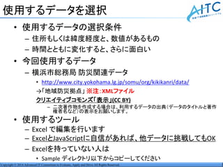 Copyright © 2014 Advanced IT Consortium to Evaluate, Apply and Drive All Rights Reserved.
使用するデータを選択
• 使用するデータの選択条件
– 住所もしくは緯度経度と、数値があるもの
– 時間とともに変化すると、さらに面白い
• 今回使用するデータ
– 横浜市総務局 防災関連データ
• http://www.city.yokohama.lg.jp/somu/org/kikikanri/data/
→「地域防災拠点」 ※注：XMLファイル
クリエイティブコモンズ「表示」(CC BY)
– 二次著作物を作成する場合は、利用するデータの出典（データのタイトルと著作
権者名など）の表示をお願いします。
• 使用するツール
– Excel で編集を行います
– ExcelとJavaScriptに自信があれば、他データに挑戦してもOK
– Excelを持っていない人は
• Sample ディレクトリ以下からコピーしてください
 