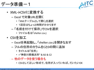 Copyright © 2014 Advanced IT Consortium to Evaluate, Apply and Drive All Rights Reserved.
データ準備－１
• XML→CSVに変換する
– Excel で対象URLを開く
• 「XMLテーブルとして開く」を選択
• １回目はちょっと時間がかかります
– 「名前を付けて保存」でCSVを選択
• ファイル名は「shelter.csv」
• CSVを加工
– Excelを再起動し、「shelter.csv」を開きなおす
– フルの住所のカラムをCとDの間に追加
• タイトルは「住所」
• =“神奈川県横浜市” & B2 & C2
– 他のデータを使う場合も
• CSVとして正しい形式で、住所が入っていれば、だいたいOK
 