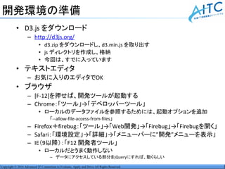 Copyright © 2014 Advanced IT Consortium to Evaluate, Apply and Drive All Rights Reserved.
開発環境の準備
• D3.js をダウンロード
– http://d3js.org/
• d3.zip をダウンロードし、d3.min.js を取り出す
• js ディレクトリを作成し、格納
• 今回は、すでに入っています
• テキストエディタ
– お気に入りのエディタでOK
• ブラウザ
– [F-12]を押せば、開発ツールが起動する
– Chrome：「ツール」→「デベロッパーツール」
• ローカルのデータファイルを参照するためには、起動オプションを追加
「--allow-file-access-from-files」
– Firefox＋firebug：「ツール」→「Web開発」→「Firebug」→「Firebugを開く」
– Safari：「環境設定」→「詳細」→「メニューバーに”開発”メニューを表示」
– IE（9以降）：「F12 開発者ツール」
• ローカルだとうまく動作しない
– データにアクセスしている部分をjQueryにすれば、動くらしい
 