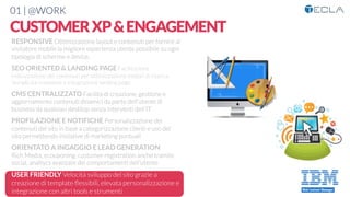 01 | @WORK
CUSTOMERXP&ENGAGEMENT
RESPONSIVE Ottimizzazione layout e contenuti per fornire al
visitatore mobile la migliore esperienza utente possibile su ogni
tipologia di schermo e device. 

SEO ORIENTED & LANDING PAGE Facilitazione
indicizzazione dei contenuti per ottimizzazione motori di ricerca.
Semplicità creazione e integrazione landing page

CMS CENTRALIZZATO Facilità di creazione, gestione e
aggiornamento contenuti dinamici da parte dell’utente di
business da qualsiasi desktop senza interventi dell’IT

PROFILAZIONE E NOTIFICHE Personalizzazione dei
contenuti del sito in base a categorizzazione clienti e uso del
sito permettendo iniziative di marketing puntuali

ORIENTATO A INGAGGIO E LEAD GENERATION
Rich Media, ecouponing, customer registration anche tramite
social, analtycs avanzate dei comportamenti dell’utente

USER FRIENDLY Velocità sviluppo del sito grazie a
creazione di template ﬂessibili, elevata personalizzazione e
integrazione con altri tools e strumenti
 