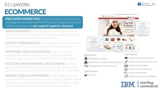 Messaggi di
benvenuto
personalizzati 
con offerte rilevanti 
in base al proﬁlo 
del consumatore o in
base al fatto che sia la
prima visita o una
visita successiva
Raccomandazioni 
di prodotti
coordinati 
con gli item nel
carrello
Personalizzazione della
customer experience 
in base ai prodotti acquistati 
in precedenza dal cliente
01 | @WORK
ECOMMERCE
PRECISION MARKETING Personalizzazione di contenuti e
messaggi promozionali negli eSPOT grazie a segmentazione dei
visitatori sulla base dei dati espliciti impliciti o dinamici

MERCHANDISING Generazione manuale o automatica di
raccomandazioni personalizzate in base a prodotti selezionati,
proﬁlo, preferenze e comportamenti cliente. 

SCONTI E PROMOZIONI Creazione facile di elevato numero
di tipi e livelli di sconti, promozioni e incentivi all’acquisto.

SHOPPING TOOLS INTERATTIVI Esperienza visiva
coinvolgente con rich media, colori e taglie, disponibilità,
opinioni utenti, creazione kit di prodotti, swatching, resizing

GESTIONE OMNICHANNEL DEGLI ORDINI Gestione
aggregata tramite diversi punti di contatto per una shopping
experience integrata, persistente, sempliﬁcata, personalizzata.

MOBILE E SOCIAL COMMERCE mSite e Apps native per i
sistemi più diffusi di check-in, barcode reader, e volantini digitali
personalizzati. Costruzione di comunità per esperienza virale
completa di blog, proﬁli social, ratings & review, gallerie
Dati espliciti
Cronologia di acquisto
Appartenenza a segmento di consumatori
Partecipazione al Social commerce
Dati Dinamici
Carrello
Dati impliciti
Sito di provenienza del cliente
Risultati e criteri di ricerca sul sito
Comportamento online
Giorno e ora della settimana
Contenuto dei cookie
Categoria o prodotto visualizzato

 