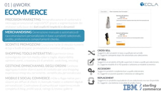 01 | @WORK
ECOMMERCE
CROSS-SELL
Suggerire altri prodotti in base a quelli già nel carrello
Es. Suggerire stampante dopo che selezionata una videocamera

UP-SELL
Suggerire un prodotto di livello superiore in base a quello già selezionato
Es. Suggerire modello di tv HD quando si seleziona un modello economico

ACCESSORY
Suggerire prodotti complementari a quello selezionato
Es. Suggerire un joystick quando si seleziona un videogame

REPLACEMENT
Suggerire un prodotto equivalente di uno selezionato ma non disponibile
Es. Suggerire una batteria ricaricabile di un’altra marca

PRECISION MARKETING Personalizzazione di contenuti e
messaggi promozionali negli eSPOT grazie a segmentazione dei
visitatori sulla base dei dati espliciti impliciti o dinamici

MERCHANDISING Generazione manuale o automatica di
raccomandazioni personalizzate in base a prodotti selezionati,
proﬁlo, preferenze e comportamenti cliente. 

SCONTI E PROMOZIONI Creazione facile di elevato numero
di tipi e livelli di sconti, promozioni e incentivi all’acquisto.

SHOPPING TOOLS INTERATTIVI Esperienza visiva
coinvolgente con rich media, colori e taglie, disponibilità,
opinioni utenti, creazione kit di prodotti, swatching, resizing

GESTIONE OMNICHANNEL DEGLI ORDINI Gestione
aggregata tramite diversi punti di contatto per una shopping
experience integrata, persistente, sempliﬁcata, personalizzata.

MOBILE E SOCIAL COMMERCE mSite e Apps native per i
sistemi più diffusi di check-in, barcode reader, e volantini digitali
personalizzati. Costruzione di comunità per esperienza virale
completa di blog, proﬁli social, ratings & review, gallerie
 
