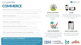 01 | @WORK
COMMERCE
PRECISION MARKETING Personalizzazione di contenuti e
messaggi promozionali negli eSPOT grazie a segmentazione dei
visitatori sulla base dei dati espliciti impliciti o dinamici

MERCHANDISING Generazione manuale o automatica di
raccomandazioni personalizzate in base a prodotti selezionati,
proﬁlo, preferenze e comportamenti cliente. 

SCONTI E PROMOZIONI Creazione facile di elevato numero
di tipi e livelli di sconti, promozioni e incentivi all’acquisto.

SHOPPING TOOLS INTERATTIVI Esperienza visiva
coinvolgente con rich media, colori e taglie, disponibilità,
opinioni utenti, creazione kit di prodotti, swatching, resizing

GESTIONE OMNICHANNEL DEGLI ORDINI Gestione
aggregata tramite diversi punti di contatto per una shopping
experience integrata, persistente, sempliﬁcata, personalizzata.

MOBILE E SOCIAL COMMERCE mSite e Apps native per i
sistemi più diffusi di check-in, barcode reader, e volantini digitali
personalizzati. Costruzione di comunità per esperienza virale
completa di blog, proﬁli social, ratings & review, gallerie
SOCIAL COMMERCE

Per una esperienza accattivante e virale
attraverso la costruzione di comunità
intorno a speciﬁci intersi completa di
Blogs, Proﬁli Social Gallerie Foto/Video,
products experiences
MSITE / MOBILE APPS

mSite e Apps native per i sistemi più
diffusi di check-in, barcode reader, e
volantini digitali personalizzati 
RATING & REVIEWS

Integrazione delle recensioni 
dei clienti nel sito per coinvolgere
clienti, costruire la loro ﬁducia e
aumentare 
le vendite
eFLYER

Sfruttamento dell’interattività di Scene7
come immagini multiple, swatching, resizing
per aumentare l’ordine dei volumi 
e conversion
 