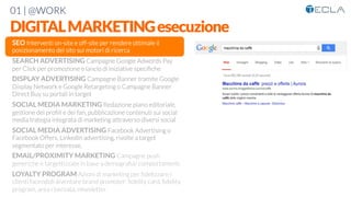 01 | @WORK
DIGITALMARKETINGesecuzione
SEO Interventi on-site e off-site per rendere ottimale il
posizionamento del sito sui motori di ricerca

SEARCH ADVERTISING Campagne Google Adwords Pay
per Click per promozione e lancio di iniziative speciﬁche

DISPLAY ADVERTISING Campagne Banner tramite Google
Display Network e Google Retargeting o Campagne Banner
Direct Buy su portali in target

SOCIAL MEDIA MARKETING Redazione piano editoriale,
gestione dei proﬁli e dei fan, pubblicazione contenuti sui social
media trategia integrata di marketing attraverso diversi social

SOCIAL MEDIA ADVERTISING Facebook Advertising o
Facebook Offers, Linkedin advertising, rivolte a target
segmentato per interesse,

EMAIL/PROXIMITY MARKETING Campagne push
generiche e targettizzate in base a demograﬁa/ comportamenti

LOYALTY PROGRAM Azioni di marketing per ﬁdelizzare i
clienti facendoli diventare brand promoter: ﬁdelity card, ﬁdelity
program, area riservata, newsletter
 