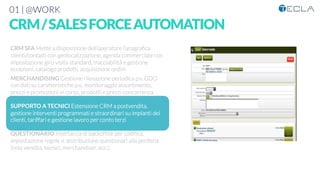 01 | @WORK
CRM/SALESFORCEAUTOMATION

CRM SFA Mette a disposizione dell’operatore l’anagraﬁca
clienti/contatti con geolocalizzazione, agenda commerciale con
impostazione giro visita standard, tracciabilità e gestione
eccezioni, catalogo prodotti, acquisizione ordini

MERCHANDISING Gestione rilevazione periodica p.v. GDO
con dati su caratteristiche p.v., monitoraggio assortimento,
prezzi e promozioni in corso, prodotti e prezzi concorrenza

SUPPORTO A TECNICI Estensione CRM a postvendita,
gestione interventi programmati e straordinari su impianti dei
clienti, tariffari e gestione lavoro per conto terzi

QUESTIONARIO Interfaccia di backofﬁce per codiﬁca,
impostazione regole e distribuzione questionari alla periferia
(rete vendita, tecnici, merchandiser, ecc.). 




 