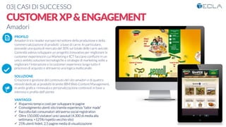 03| CASI DI SUCCESSO


CUSTOMERXP&ENGAGEMENT
Amadori

 PROFILO
Amadori è tra i leader europei nel settore della produzione e della
commercializzazione di prodotti a base di carne. In particolare,
possiede una quota di mercato del 30% sul totale delle carni avicole.
L’azienda voleva sviluppare un progetto innovativo per migliorare la
customer experiencein cui Marketing e ICT facciano conﬂuire in un
unico ambito soluzioni tecnologiche e strategie di marketing volte a
migliorare l’interazione e la customer experience lungo tutto il
processo di acquisto e attraverso una logica multicanale. 

SOLUZIONE
Creazione e gestione del contenuto del sito amadori e di quattro
minisiti dedicati ai prodotti itramite IBM Web Content Management,
in veste graﬁca rinnovata e personalizzazione contenuti in base a
interessi e proﬁlo dell’utente

VANTAGGI:
ü  Risparmio tempi e costi per sviluppare le pagine
ü  Coinvolgimento utenti sito tramite esperienza “tailor made”
ü  Raccolta dati consumatori attraverso social registration
ü  Oltre 150.000 visitatori unici assoluti (4.300 di media alla
settimana, +125% rispetto vecchio sito)
ü  25% utenti fedeli, 2,5 pagine media di visualizzazione
K	
  
j	
  
å	
  
 