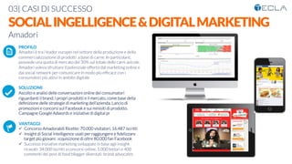 03| CASI DI SUCCESSO

SOCIALINGELLIGENCE&DIGITALMARKETING
Amadori

 PROFILO
Amadori è tra i leader europei nel settore della produzione e della
commercializzazione di prodotti a base di carne. In particolare,
possiede una quota di mercato del 30% sul totale delle carni avicole. 
Amadori voleva sfruttare il potenziale offerto dal marketing online e
dai social network per comunicare in modo più efﬁcace con i
consumatori più attivi in ambito digitale

SOLUZIONE
Ascolto e analisi delle conversazioni online dei consumatori
riguardanti il brand, i propri prodotti e il mercato, come base della
deﬁnizione delle strategie di marketing dell’azienda. Lancio di
promozioni e concorsi sul Facebook e sui minisiti di prodotto.
Campagne Google Adwords e iniziative di digital pr

VANTAGGI:
ü  Concorso Amadorabili Ricette: 70.000 visitatori, 16.487 iscritti
ü  Insight di Social Intelligence usati per raggiungere e ﬁdelizzare
target più giovani: acquisizione di oltre 80.000 fan Facebook
ü  Successo iniziative marketing sviluppate in base agli insight
ricavati: 34.000 iscritti a concorsi online, 5.000 lettori e 400
commenti dei post di food blogger diventati brand advocates
K	
  
j	
  
å	
  
 