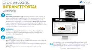 03| CASI DI SUCCESSO
INTRANETPORTAL
Lamborghini
La competenza di Tecla, combinata alla funzionalità delle nuove
tecnologie IBM Websphere e Lotus, ha immediatamente offerto a
Lamborghini e alla sua rete di concessionarie grandi vantaggi
IT Systems, Automobili Lamborghini
PROFILO
Automobili Lamborghini S.p.A è uno dei produttori di auto sportive ad
alte prestazioni più prestigiosi a livello internazionale. L’azienda, la cui
sede centrale si trova nei pressi di Bologna, opera in tutto il mondo
attraverso una rete di oltre 120 concessionari. Lamborghini desiderava
implementare una soluzione che consentisse non solo di migliorare la
comunicazione tra le concessionarie e l’ufﬁcio centrale, ma che aiutasse i
rivenditori a collaborare proﬁcuamente tra di loro.

SOLUZIONE
Soluzione integrata per la Colaboration: Portale Extranet e Portale
Intranet con l’integrazione di IBM Websphere Portal, IBM Lotus
Sametime e IBM Lotus Quickr

VANTAGGI:
ü Maggiore collaborazione tra rivenditori
ü Risoluzione in tempo reale dei problemi in qualunque punto del globo
ü Accesso alla documentazione online
ü Aumento della velocità di notiﬁca delle novità introdotte nei processi
aziendali
ü Miglioramento comunicazione tra rivenditori e sede centrale
K	
  
j	
  
å	
  
 